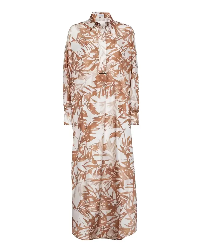 Brunello Cucinelli leaf-print silk shirt midi dress - Weiß Weiß