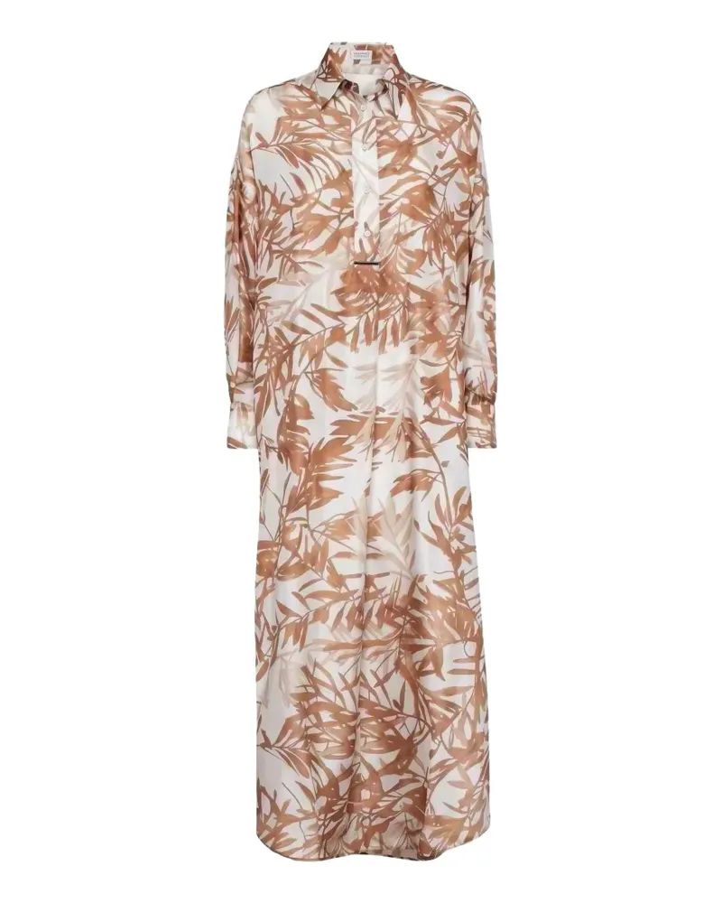 Brunello Cucinelli Midi-Hemdkleid aus Seide mit Blatt-Print - Weiß Weiß