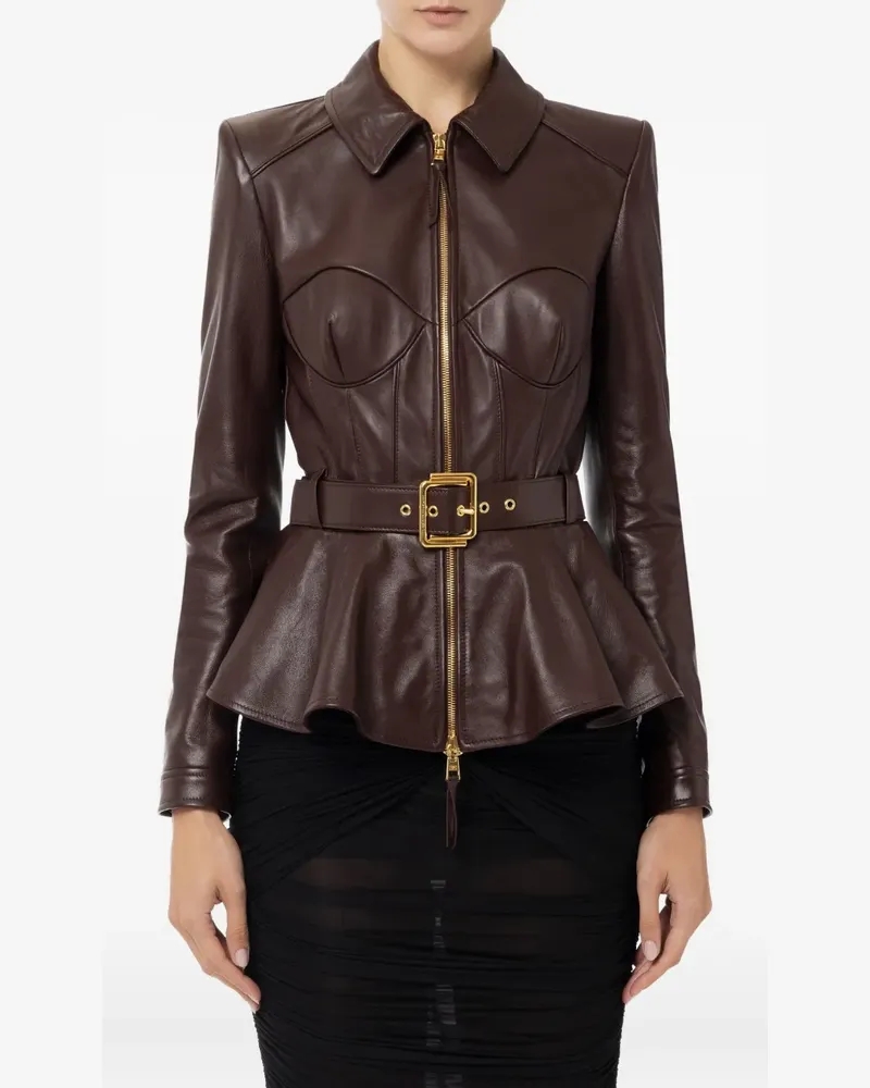 Elisabetta Franchi Lederjacke mit Gürtel - Braun Braun