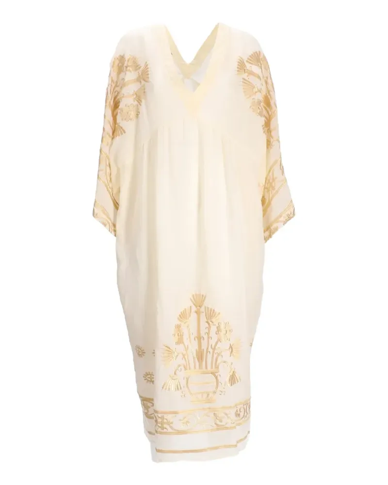 Greek Archaic Kori embroidered bell-sleeve midi dress - Nude Nude