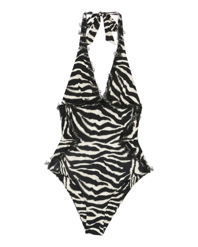 Ermanno Scervino zebra-pattern lace-trim swimsuit - Schwarz Schwarz