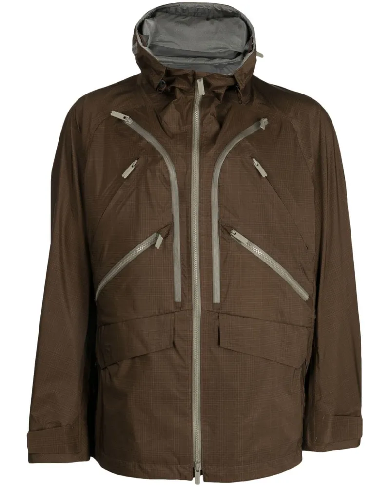 White Mountaineering Karierte Kapuzenjacke Braun