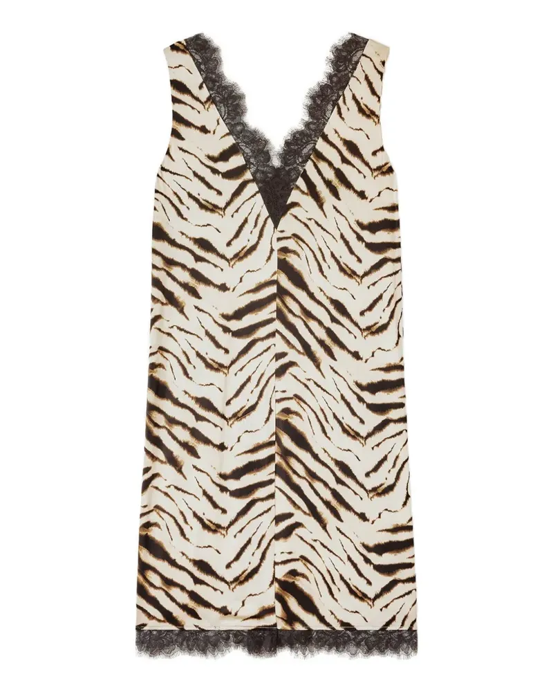 Ganni zebra-print lace-trim MIDI dress - Nude Nude