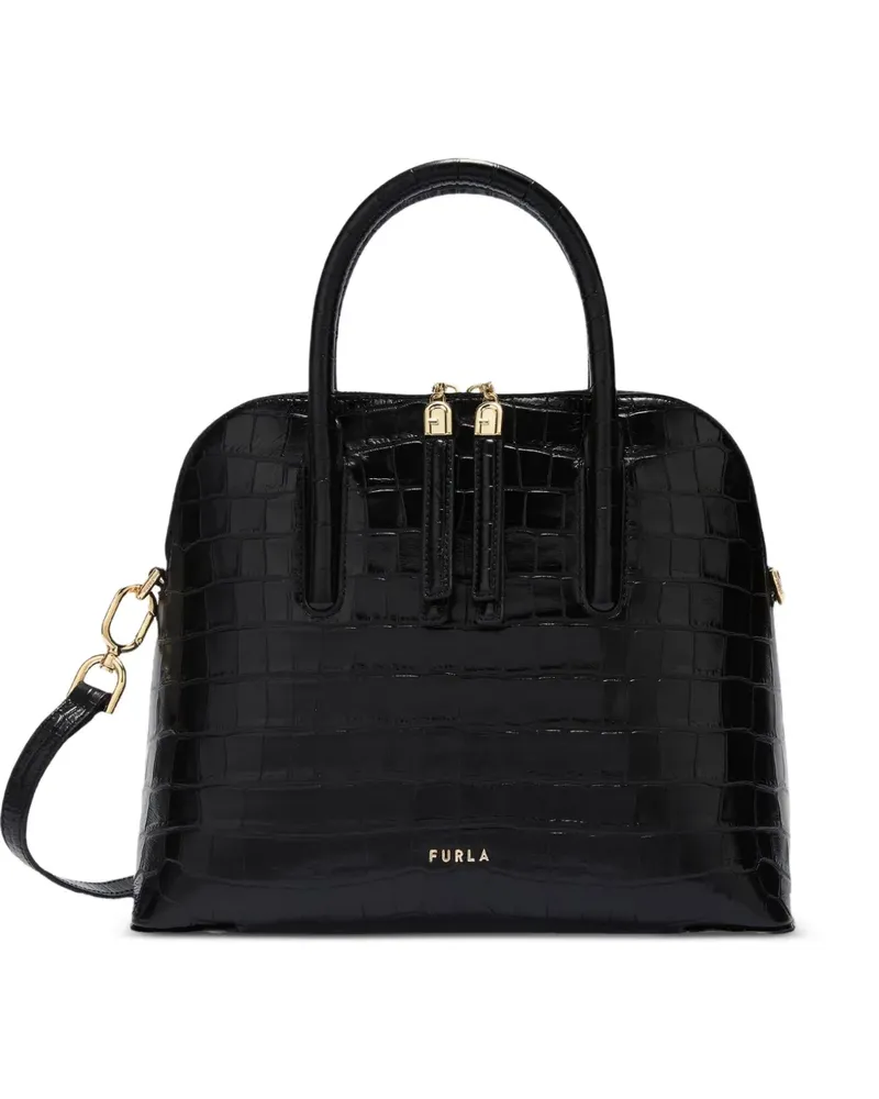 Furla S Atmosfera Dome Tote Bag mit Kroko-Optik - Schwarz Schwarz