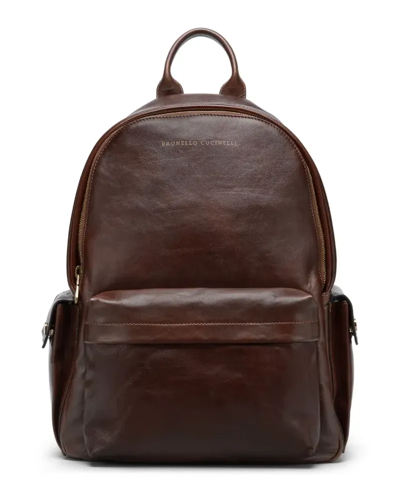 Brunello Cucinelli Rucksack aus Leder mit Logo-Print - Braun Braun