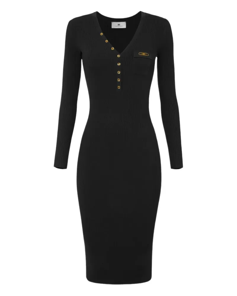 Elisabetta Franchi Geripptes Midikleid mit Knöpfen - Schwarz Schwarz