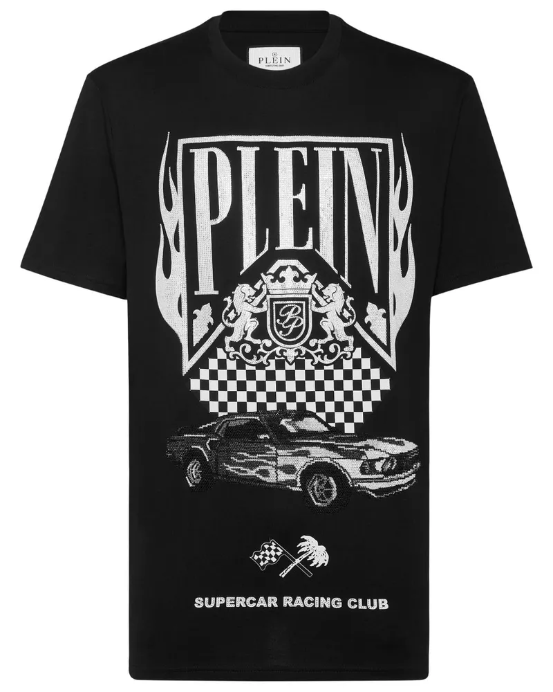 Philipp Plein Strass Flame Racing T-Shirt - Schwarz Schwarz