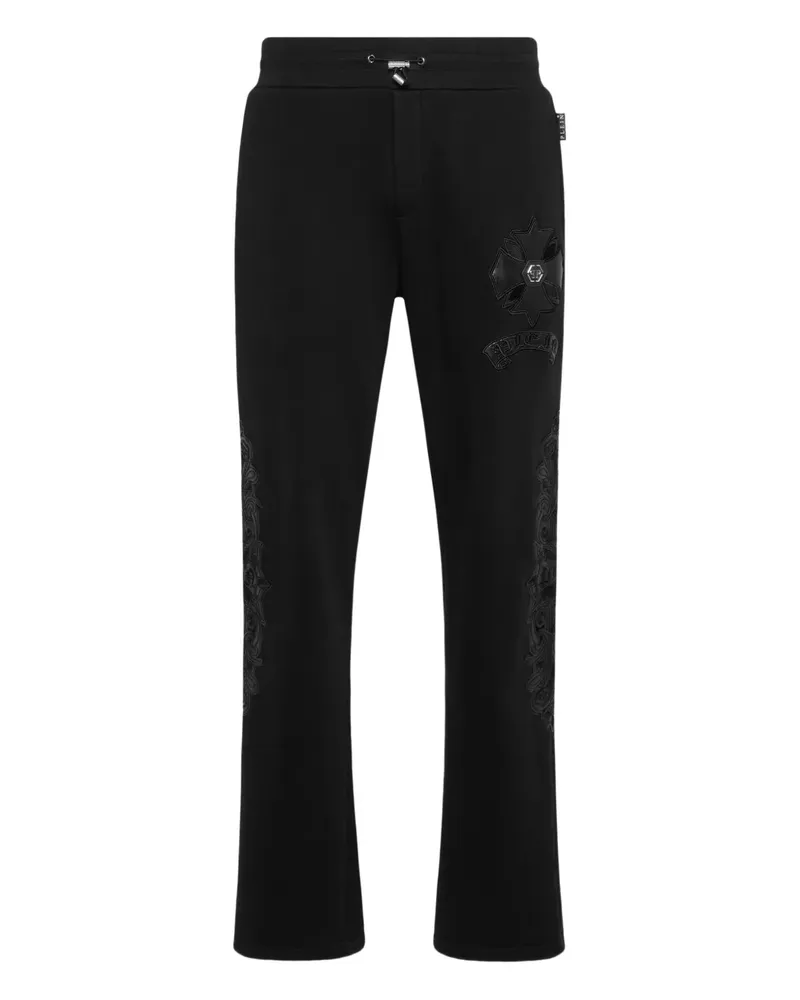 Philipp Plein Bestickte Jogginghose mit Ledereinsatz - Schwarz Schwarz