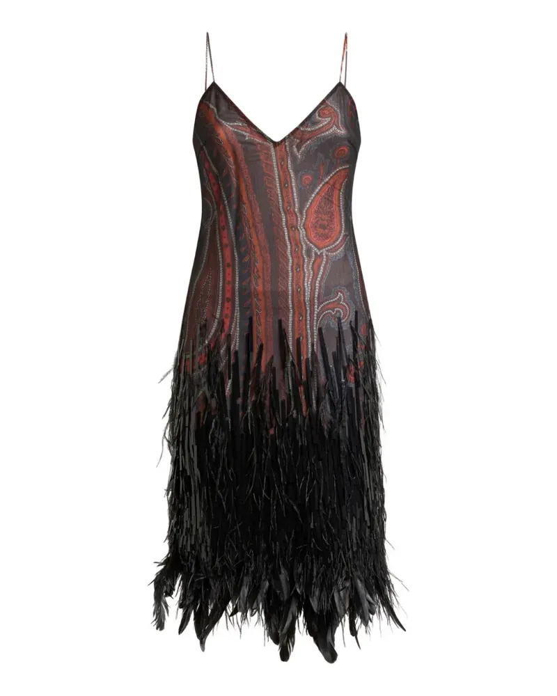 Etro Knielanges Kleid mit Pailletten, Straußenfedern und Paisleymuster - Braun Braun