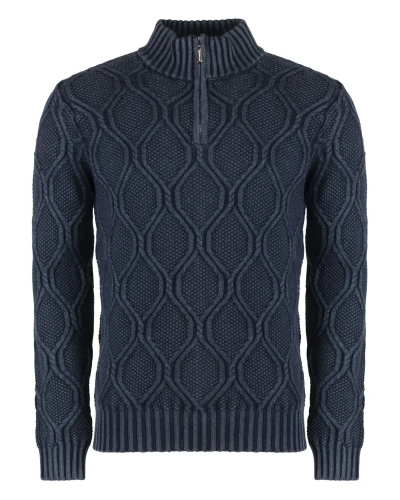 MOORER Zopfmuster-Pullover mit kurzem Reißverschluss - Blau Blau