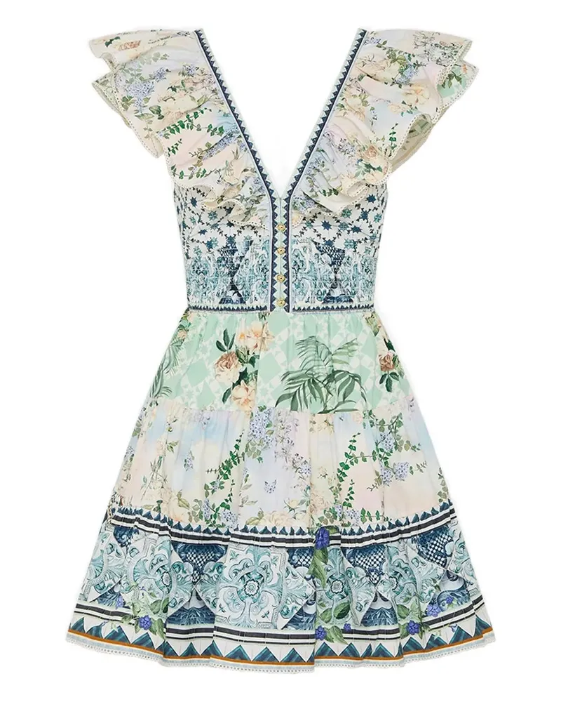 Camilla Gerüschtes Minikleid mit Blumen-Print - Weiß Weiß