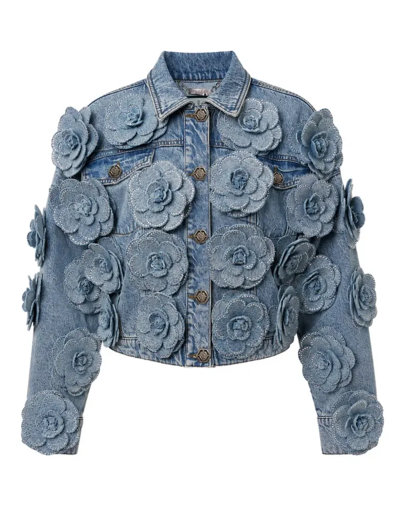 Philipp Plein Cropped-Jeansjacke mit durchgehenden Rosen - Blau Blau