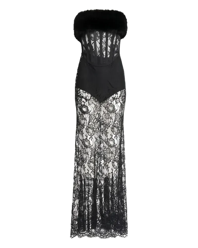 Elie Saab Maxikleid mit Pelzbesatz - Schwarz Schwarz
