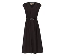 Popeline-Midikleid mit Gürtel - Schwarz