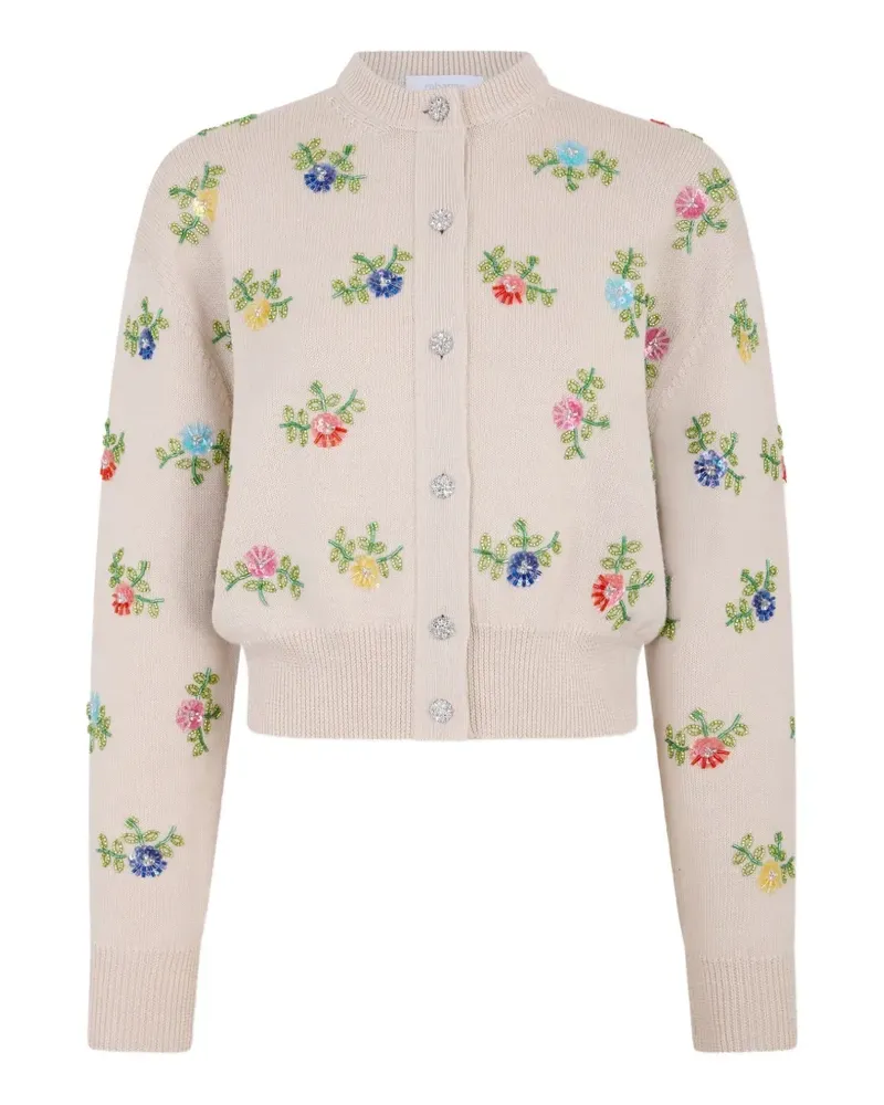 Paco Rabanne Beiger Wollcardigan mit mehrfarbiger Blumenstickerei - Nude Nude