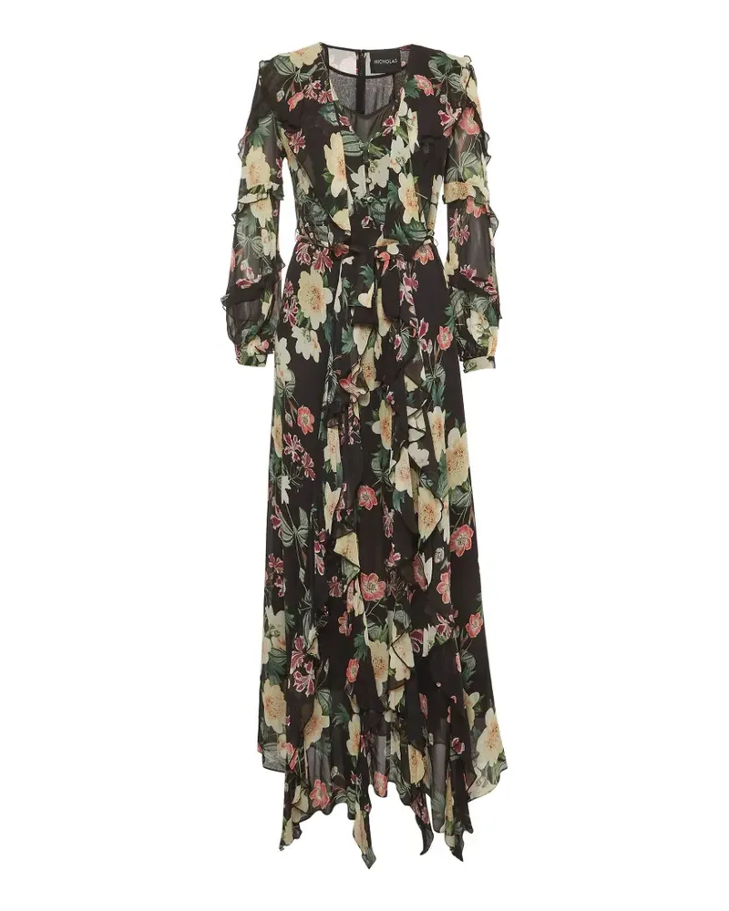 NICHOLAS floral-print ruffle maxi dress - Schwarz Schwarz