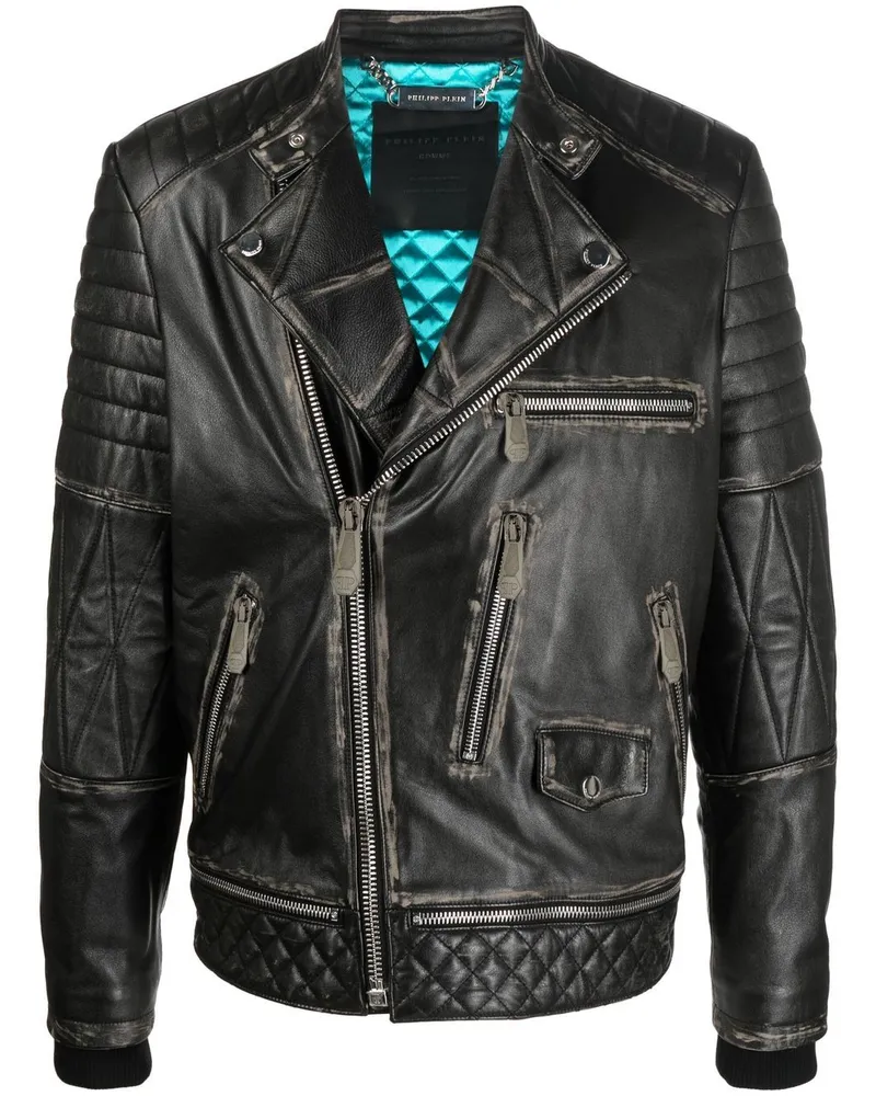 Philipp Plein Bikerjacke mit Logo-Schild - Schwarz Schwarz