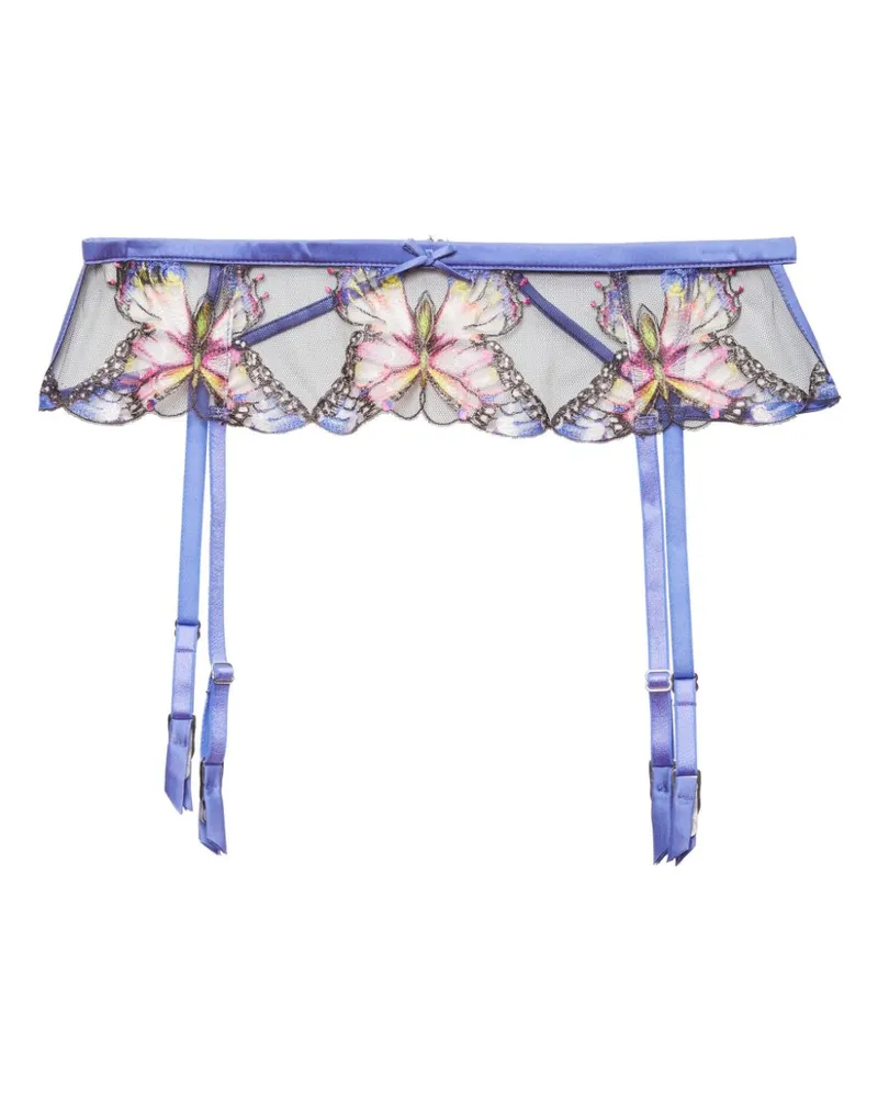 Fleur Du Mal Strumpfhalter mit Schmetterlingsstickerei - Blau Blau