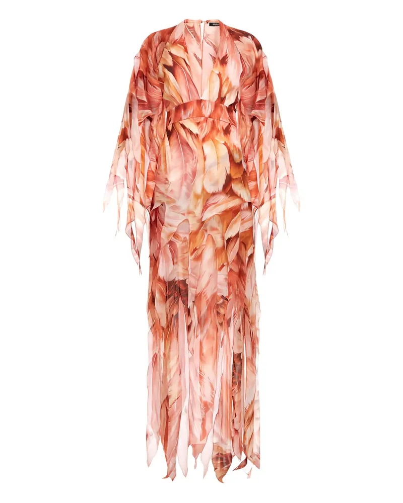 Roberto Cavalli Gemustertes Maxikleid mit Federn - Orange Orange
