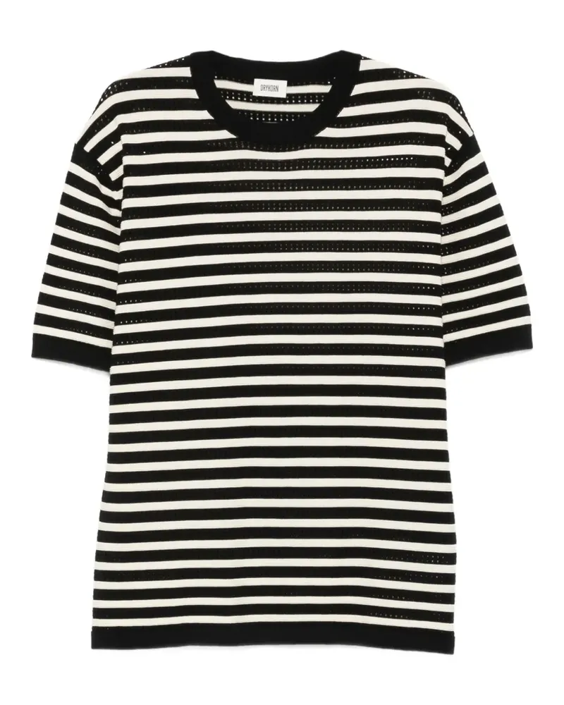 Drykorn stripe-pattern pointelle-knit T-shirt - Schwarz Schwarz