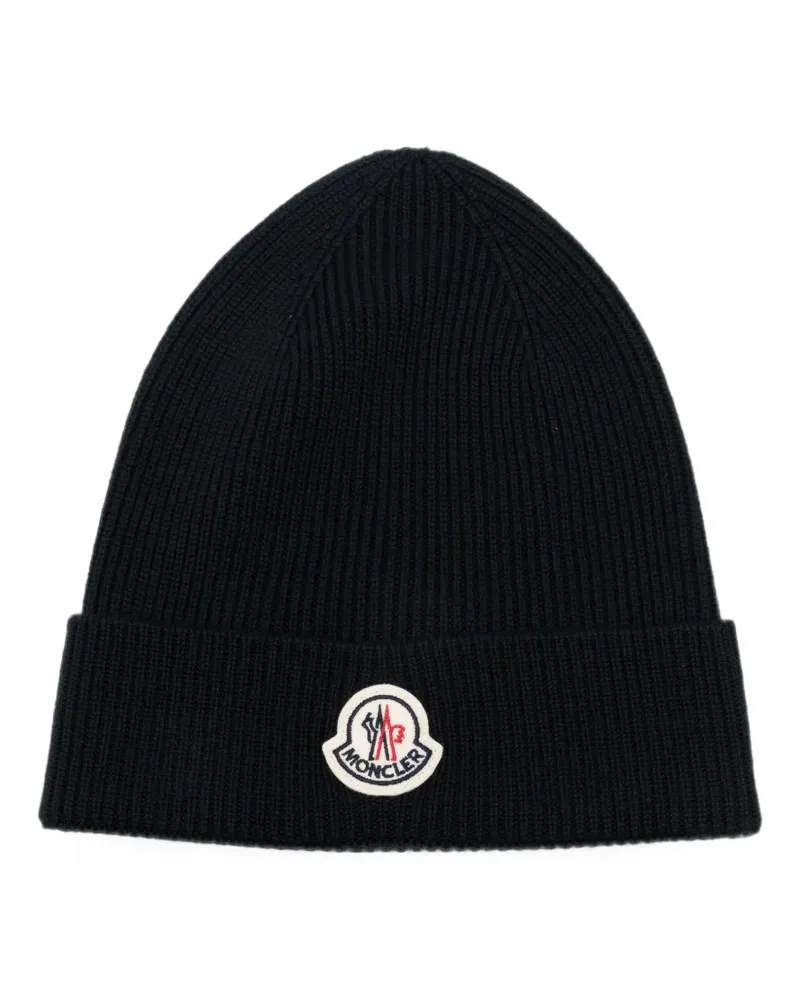 Moncler Gerippte Beanie mit Logo-Patch - Schwarz Schwarz