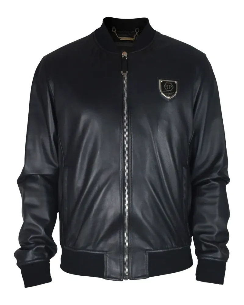 Philipp Plein Bomberjacke aus Leder mit Logo-Schild - Schwarz Schwarz