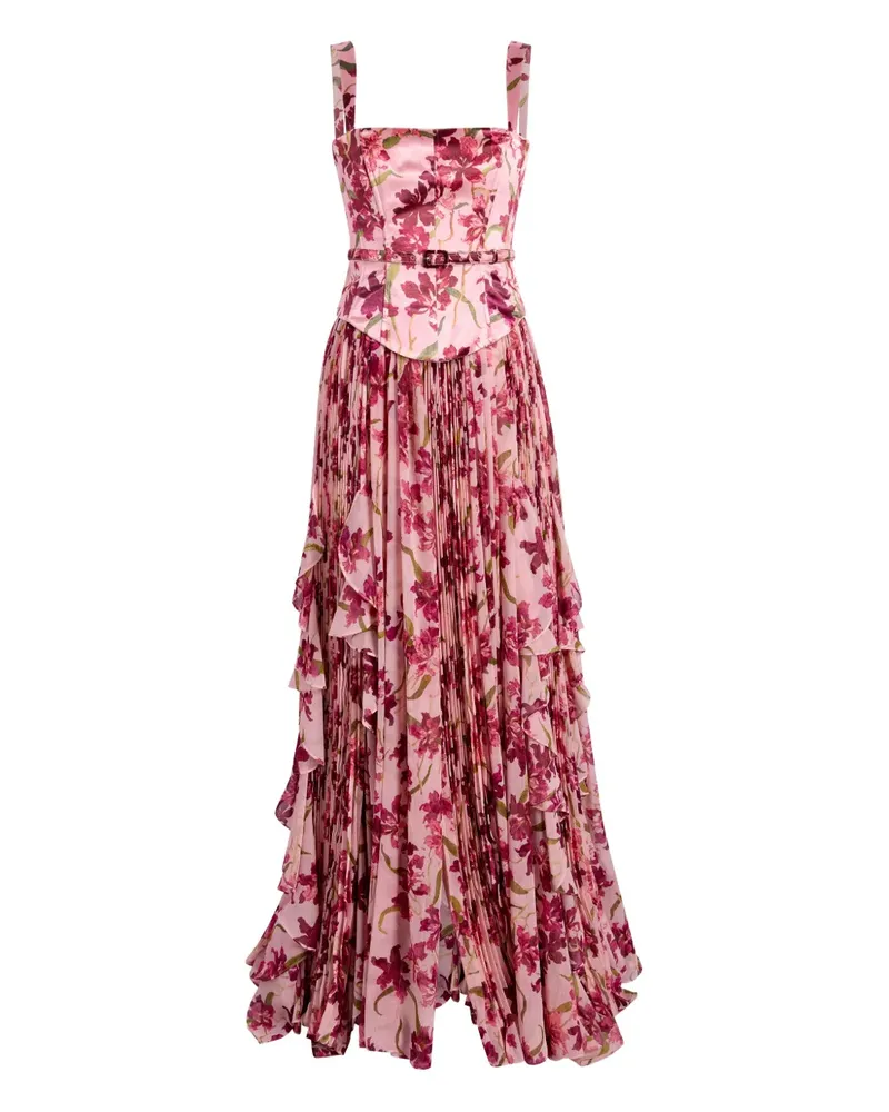 Cinq à Sept Gerüschtes Trailing Hibiscus Leema Maxikleid mit Blumen - Rosa Rosa