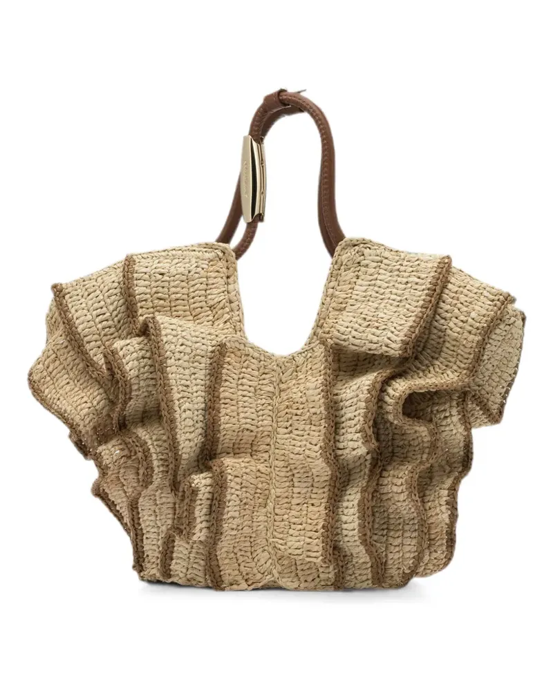 Zimmermann Small Goldentime ruffled raffia tote bag - Nude Nude