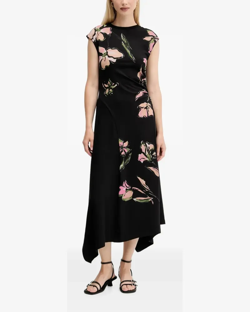 Desigual Gerafftes Katrina Kleid mit Blumen - Schwarz Schwarz