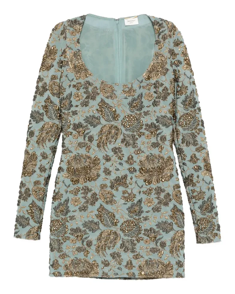 Saint Laurent Langärmeliges Minikleid aus Blumenbrokat - Blau Blau