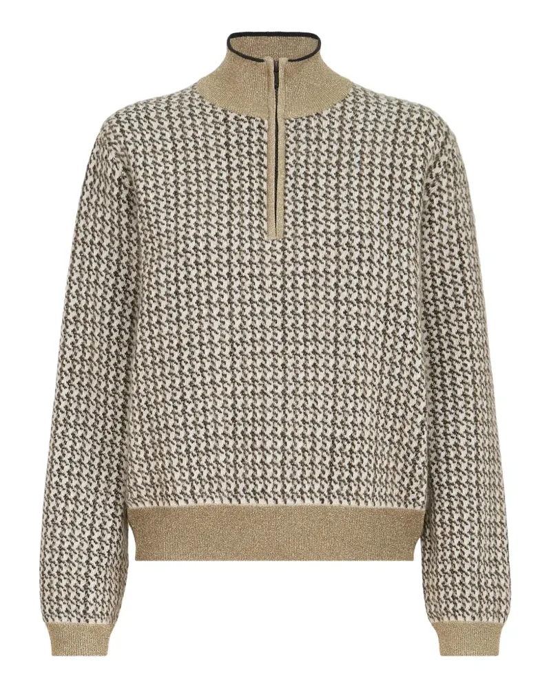 Brunello Cucinelli Pullover mit Hahnentrittmuster und kurzem Reißverschluss - Nude Nude