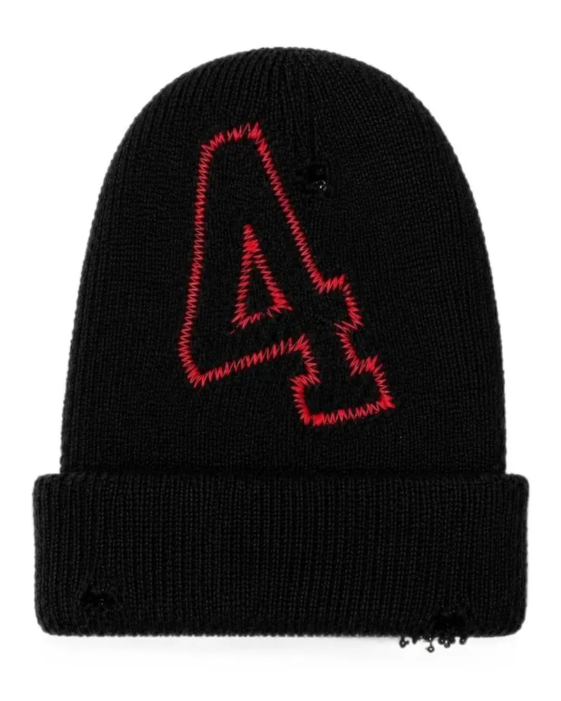 FourTwoFour on Fairfax embroidered distressed beanie hat - Schwarz Schwarz