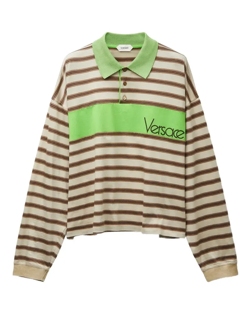 Versace embroidered-logo striped-intarsia cotton polo shirt - Nude Nude