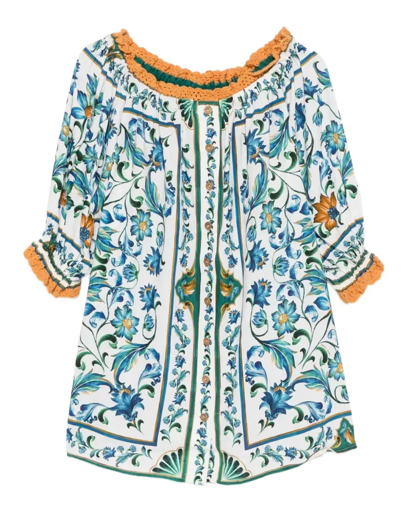 FARM Rio Flora Tile floral-print crochet-trim mini dress - Weiß Weiß