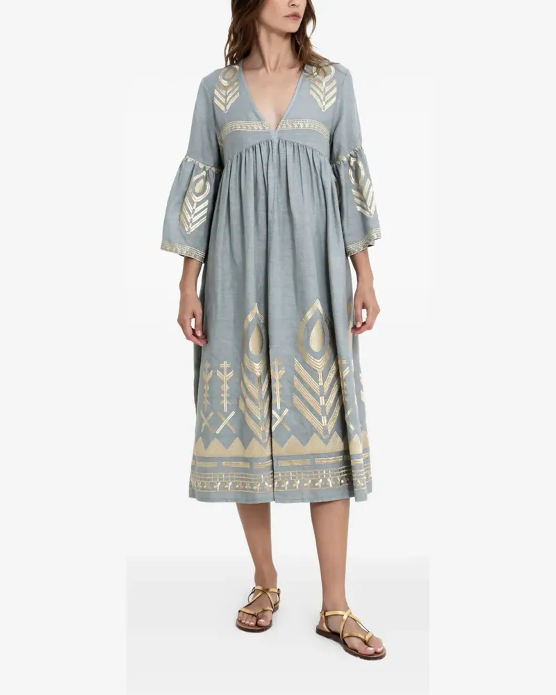 Greek Archaic Kori embroidered bell-sleeve dress - Blau Blau