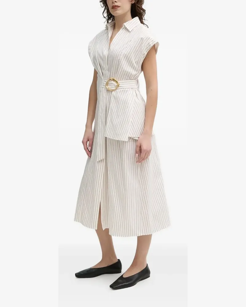 Isabelle Blanche Gestreiftes Midi-Hemdkleid mit Gürtel - Weiß Weiß
