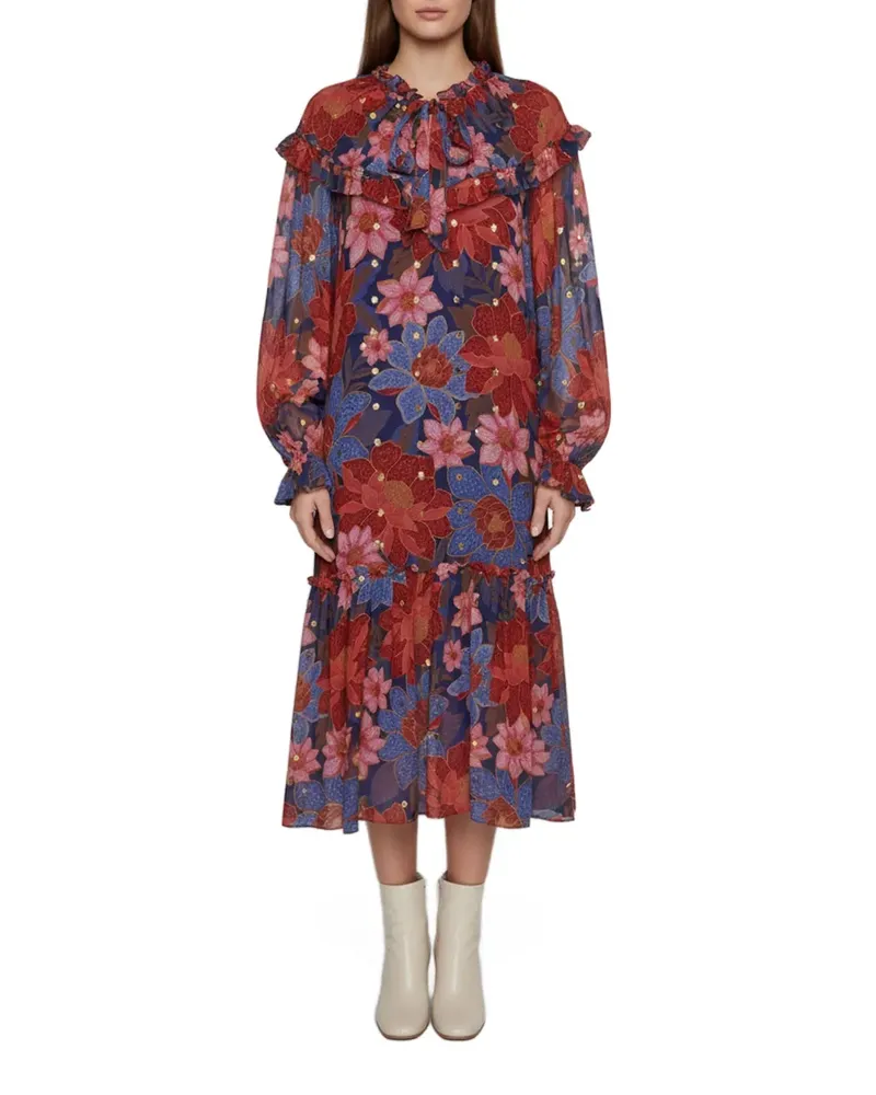 FARM Rio Gestuftes Midikleid mit Blumenprint - Blau Blau