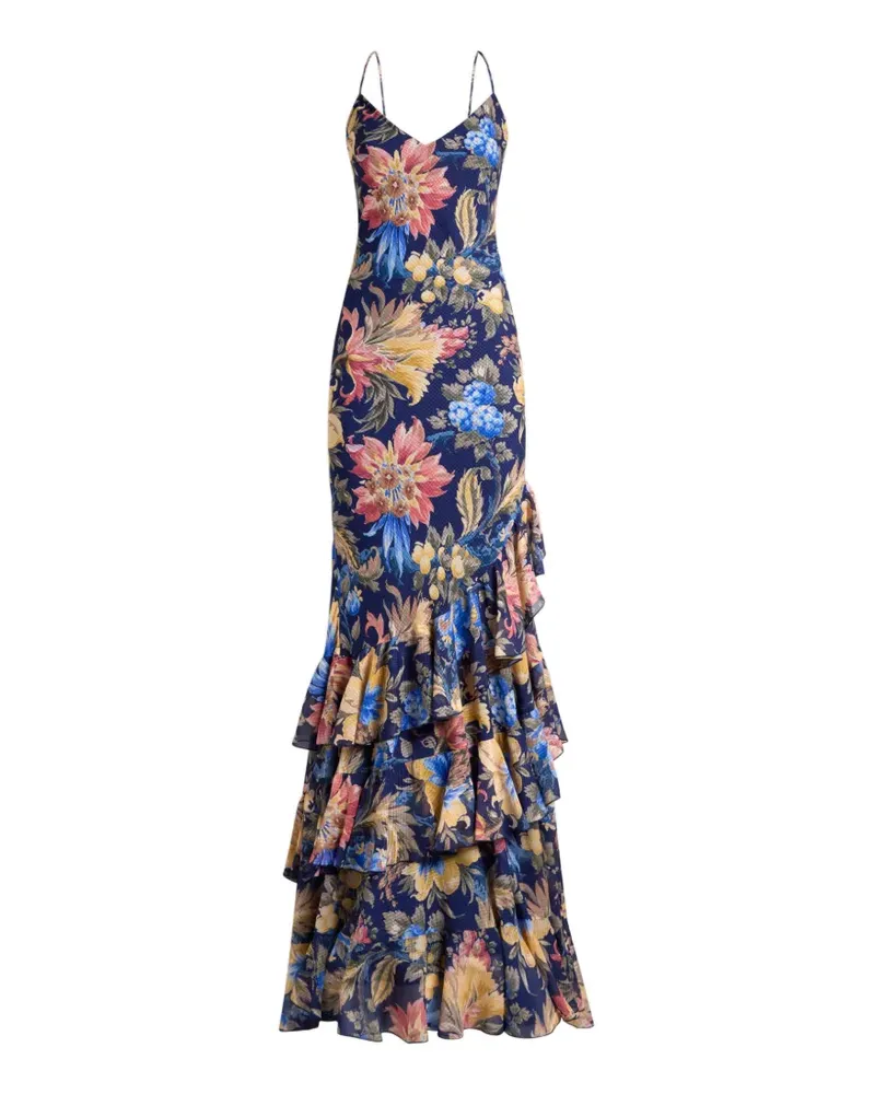 Etro long seersucker dress with ruffles and floral motif - Blau Blau