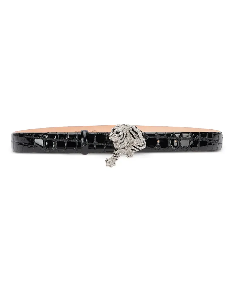 Roberto Cavalli Kristallverzierter Tigergürtel mit Kroko-Prägung - Schwarz Schwarz