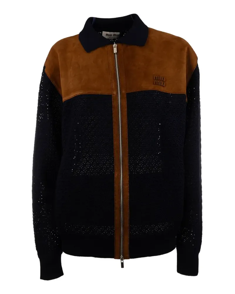 Miu Miu suede-panel crochet-knit cardigan - Blau Blau