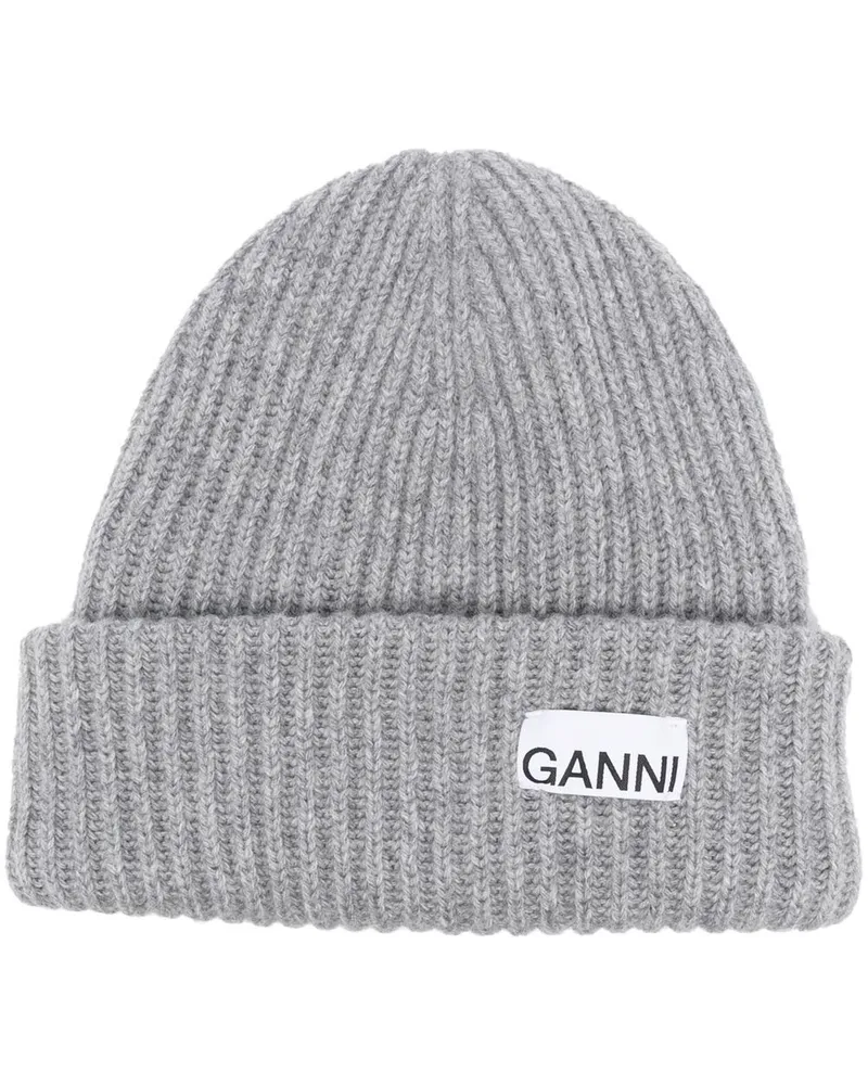 Ganni Gerippte Beanie mit Logo - Grau Grau