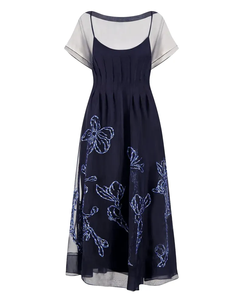 Lela Rose embroidered short-sleeve maxi dress - Blau Blau