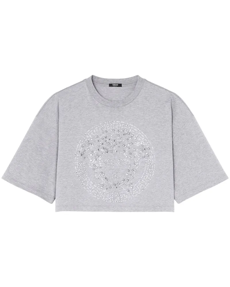Versace Medusa Cropped-T-Shirt mit Kristallen Grau