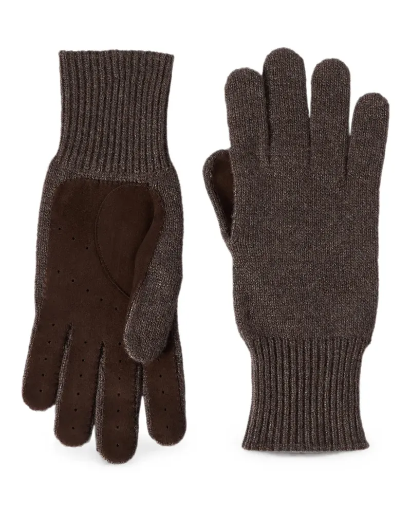 Brunello Cucinelli cashmere knit gloves with suede palm - Braun Braun