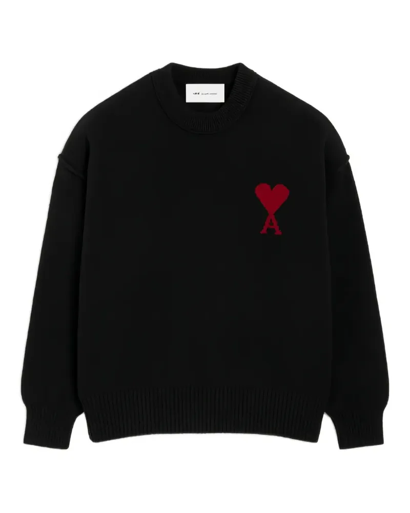 AMI Paris black crew neck wool sweater with Ami de Coeur - Schwarz Schwarz