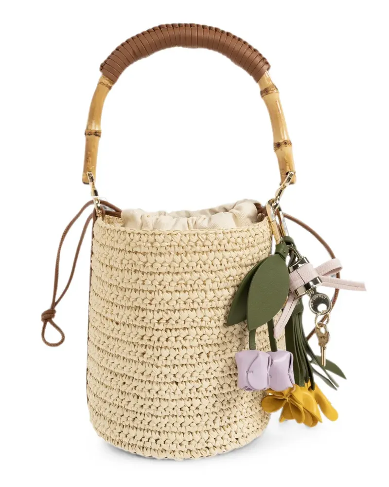 Self-Portrait bamboo-handle raffia bucket bag - Nude Nude