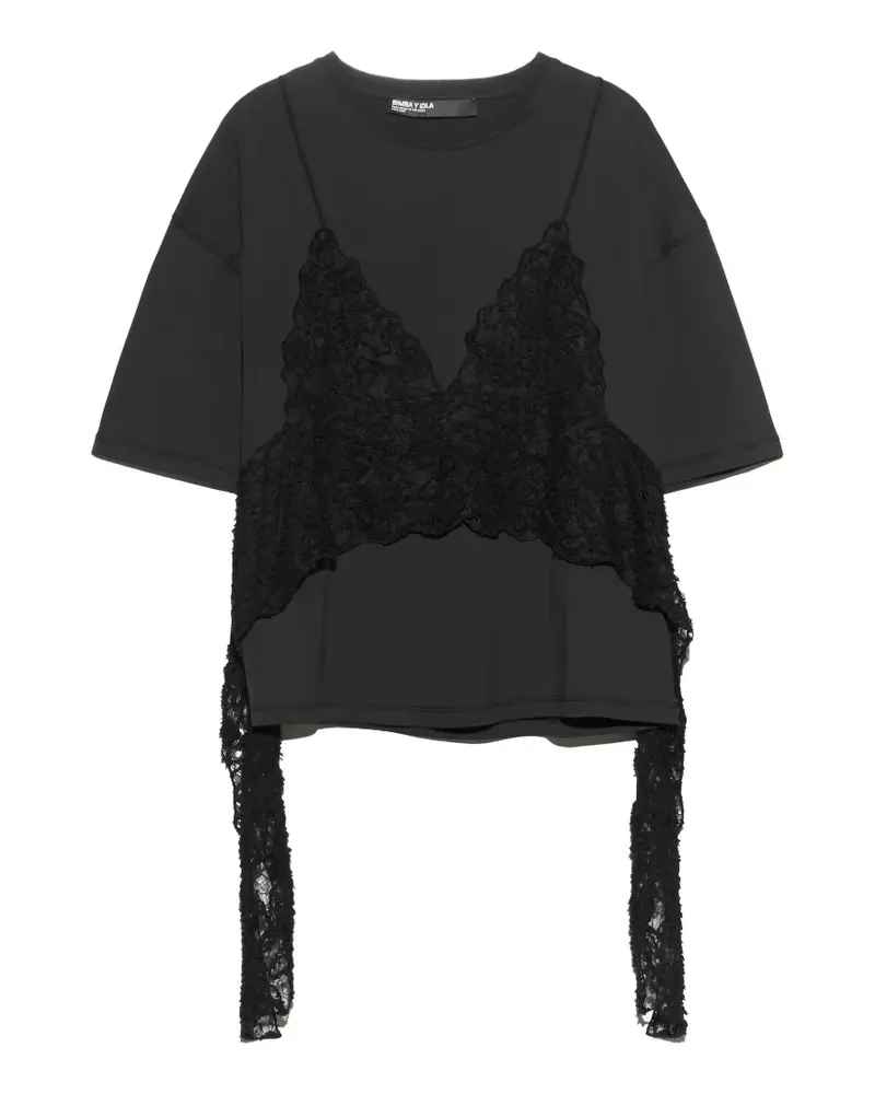 BIMBA Y LOLA Ausgeblichenes schwarzes T-Shirt mit Spitzen-Overlay Schwarz
