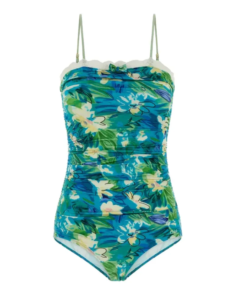 Chloé floral-print ruched swimsuit - Blau Blau