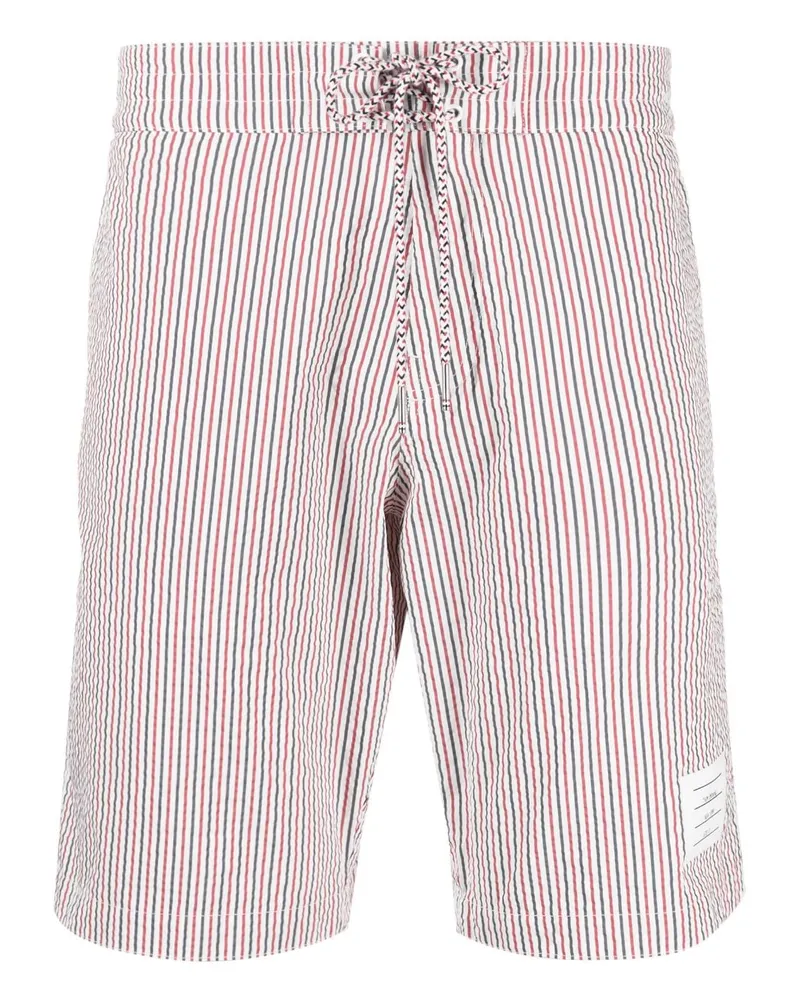 Thom Browne Gestreifte Seersucker-Badeshorts - Weiß Weiß