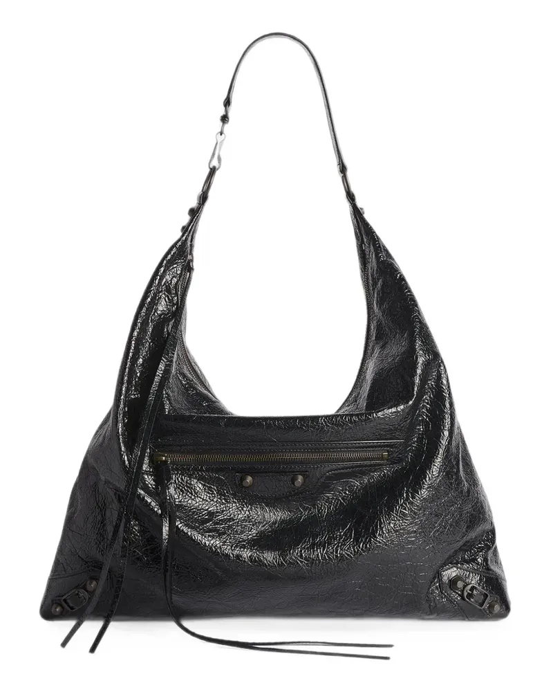 Balenciaga Große Le City Lederschultertasche mit Knitteroptik - Schwarz Schwarz